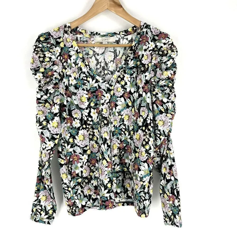 LOFT Top Size Medium Black Floral Shirred Puff Long Sleeve Shirt V Neck Stretch